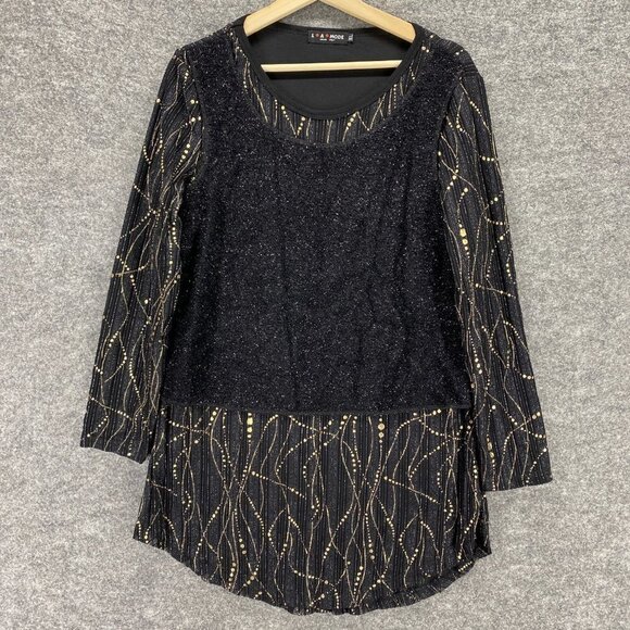 La Mode Top Women XL Black Tunic Party Beaded Embellished Long Sleeve Crew Neck - Picture 3 of 10